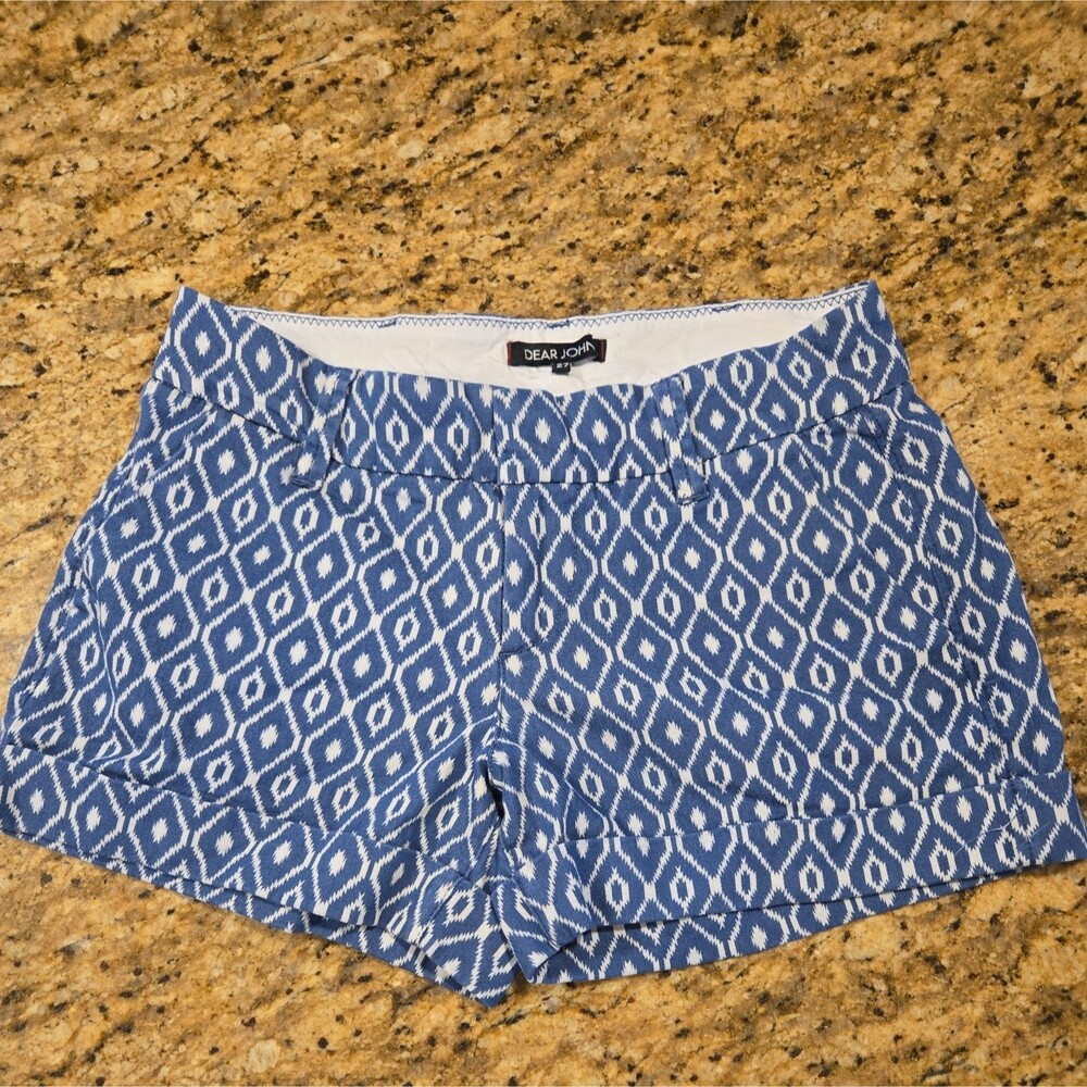 Dear John Women's Finnegan Roll Cuff Blue and White Geometric Shorts Sz 27